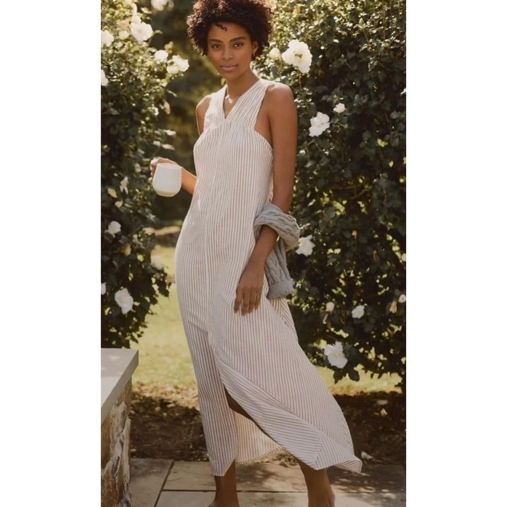 Anthropologie Striped V-Neck Tie Back Maxi Dress Ivory Brown 2X